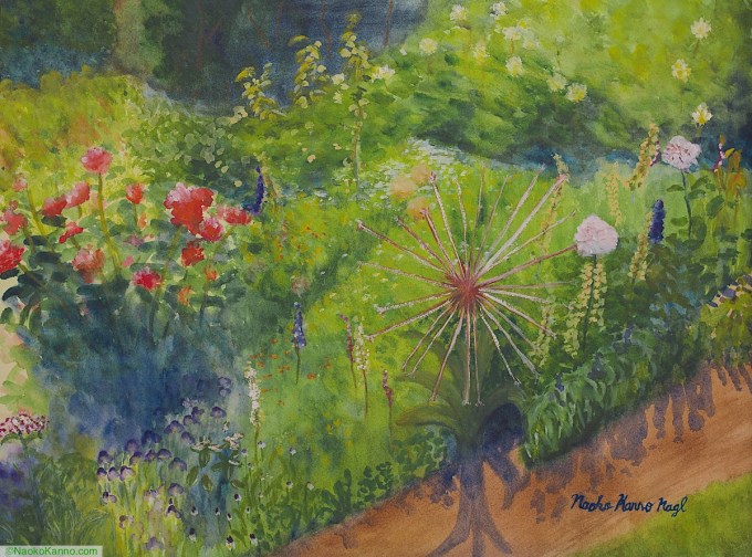 Watercolor painting of the Flower Garden at Blithewold Mansion, Gardens, and Arboretum, in Bristol, © by Naoko Kanno-Nagl