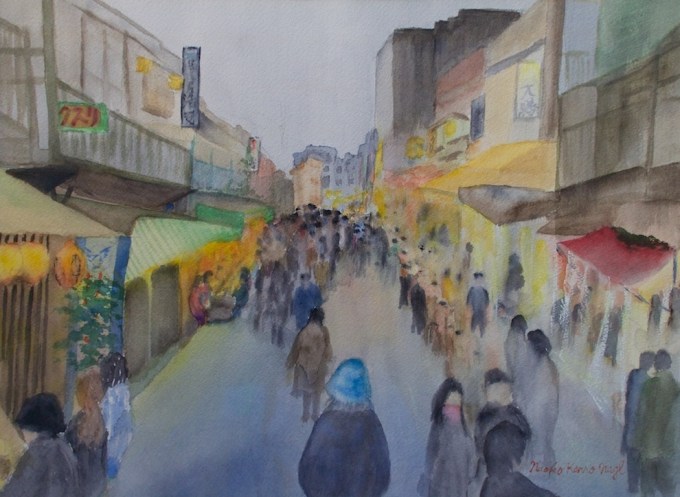 Watercolor painting of an evening walk in Asakusa, Tokyo 